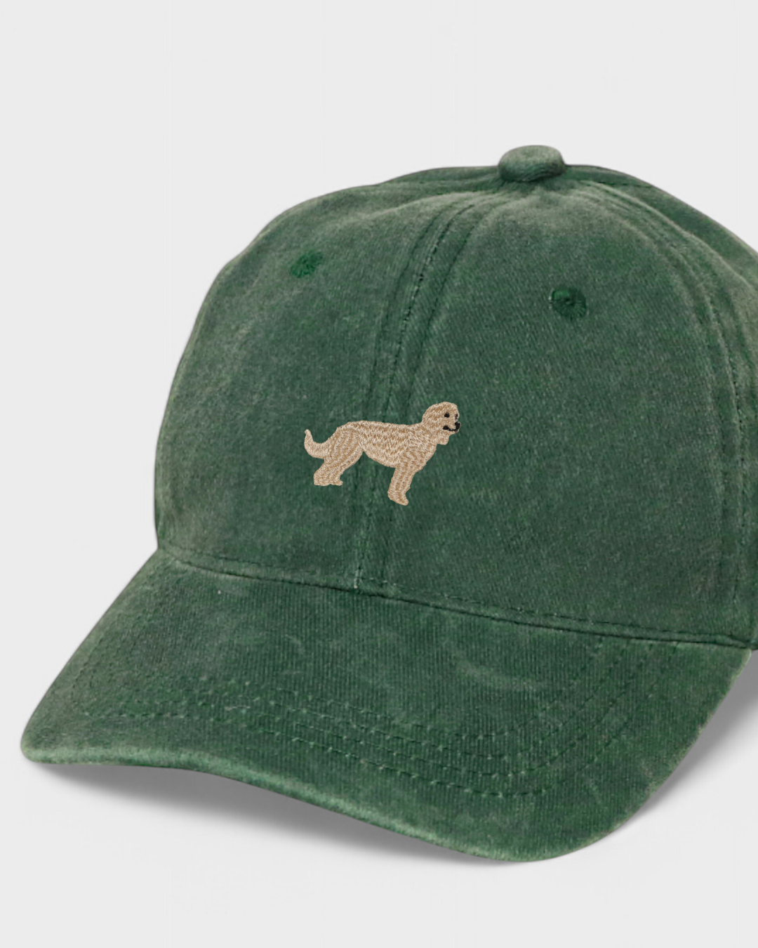 Green Goldendoodle personalised hat with embroidered dog design, made of 100% washed cotton in classic baseball style