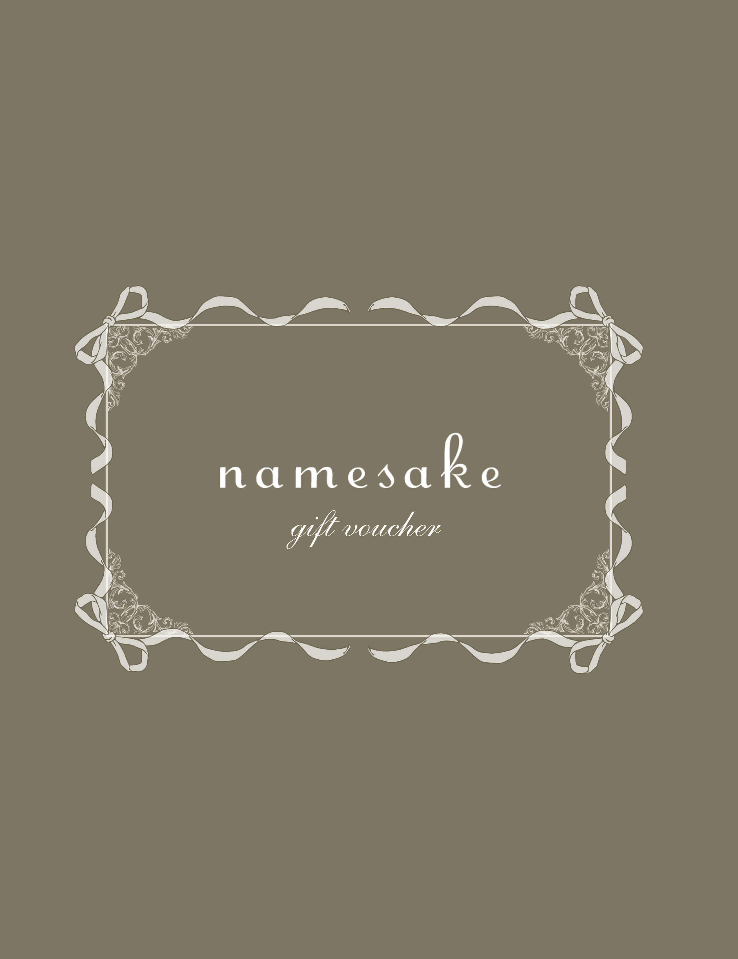 Namesake Gift Card with decorative border and ribbon design on a brown background