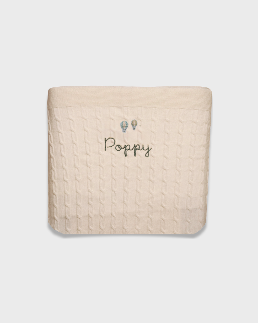 Merino baby blanket with embroidered vintage hot air balloons and personalized name Poppy