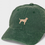 Green baseball cap with embroidered Labrador design; personalized back embroidery option.