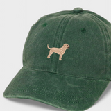 Green baseball cap with embroidered Labrador design; personalized back embroidery option.