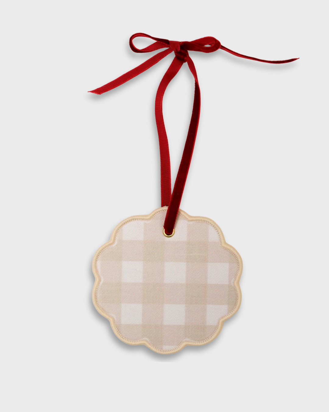 Personalised initials ornament with beige check pattern and red velvet ribbon for holiday decor and gifts