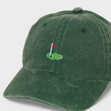 Green embroidered "Hole In 1" personalised hat made of 100% washed cotton in classic baseball style.