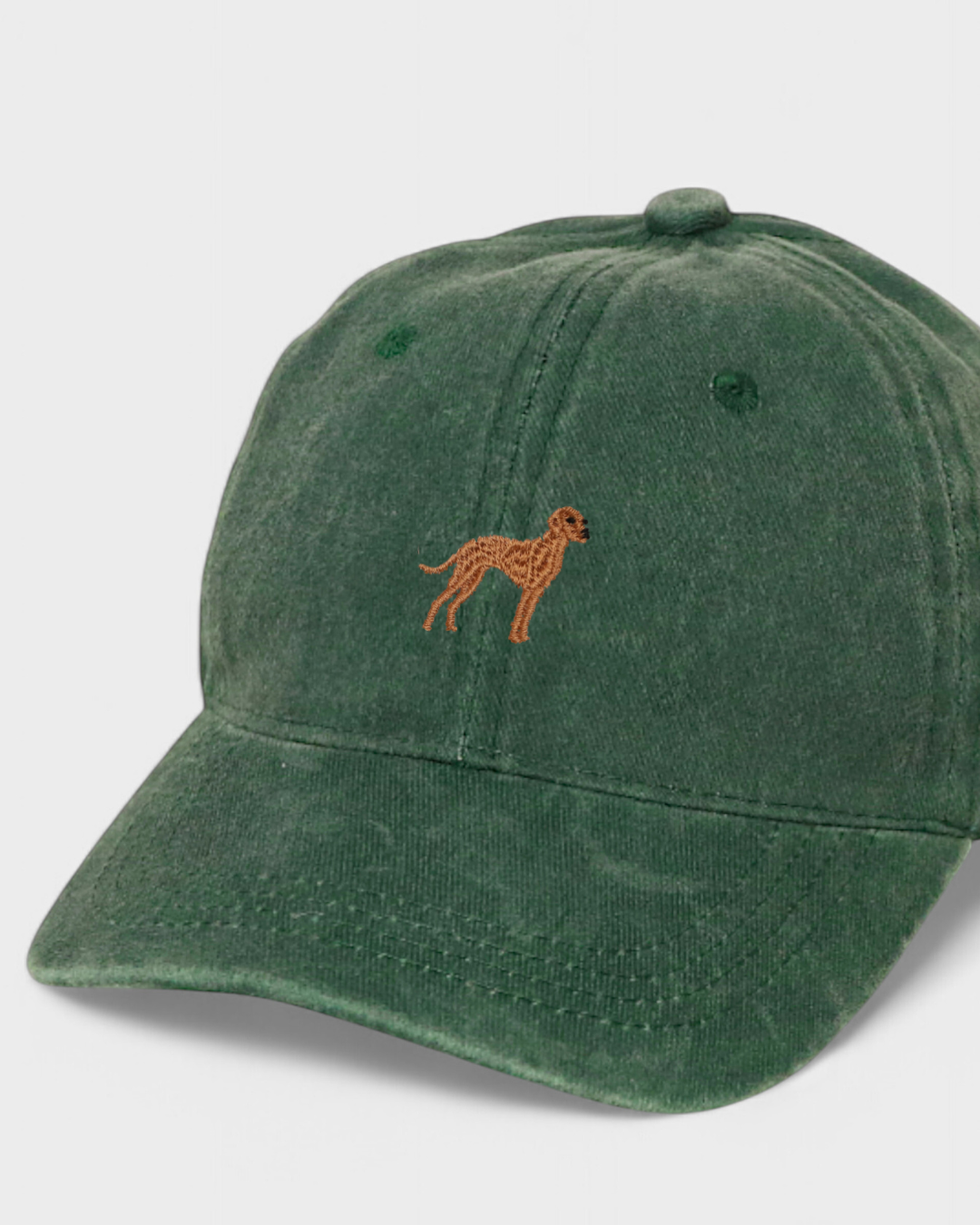 Green washed cotton baseball cap with hand-embroidered Vizsla dog design, personalised embroidery option.