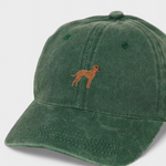 Green washed cotton baseball cap with hand-embroidered Vizsla dog design, personalised embroidery option.