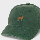 Green washed cotton baseball cap with hand-embroidered Vizsla dog design, personalised embroidery option.