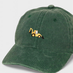 Personalised digger hat with embroidery design on green washed cotton baseball cap.