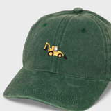 Personalised digger hat with embroidery design on green washed cotton baseball cap.