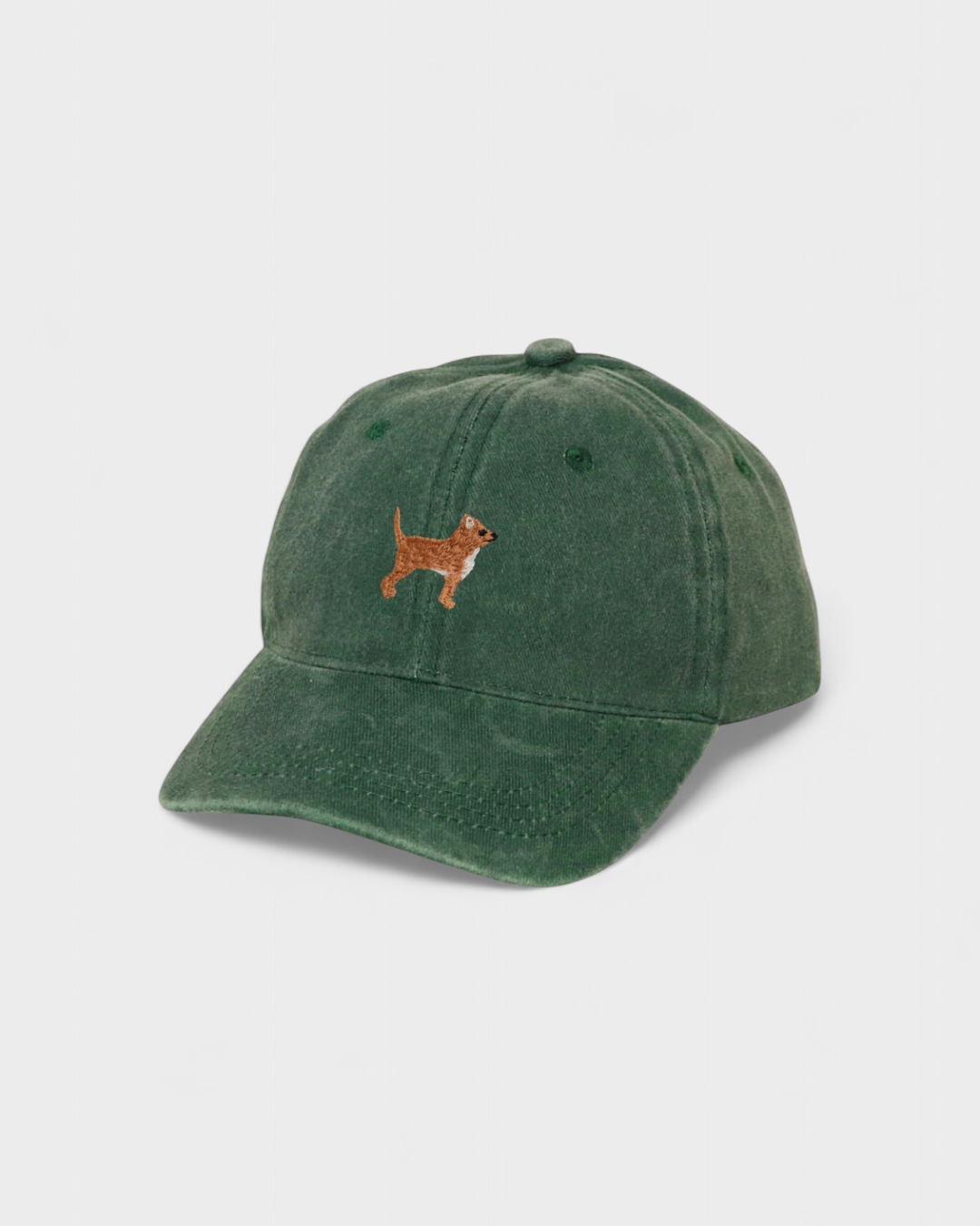 Green baseball hat with embroidered brown Chihuahua design on front, 100% washed cotton, personalized embroidery option on back.