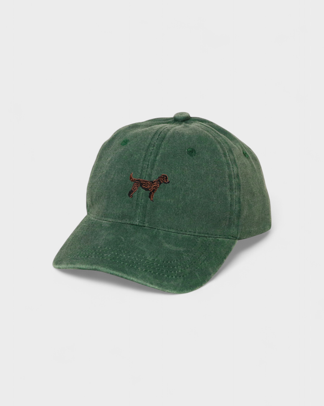 Green baseball cap with embroidered Goldendoodle dog and option for personalized embroidery on the back