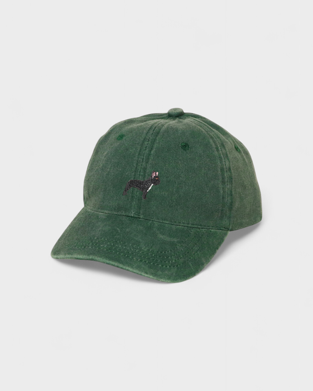 Green French Bulldog personalised hat with embroidered dog design and custom embroidery option