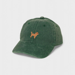 Dark green baseball cap with embroidered hand-drawn Cavoodle design on front, personalised embroidery option on back, 100% washed cotton Cavoodle personalised hat.