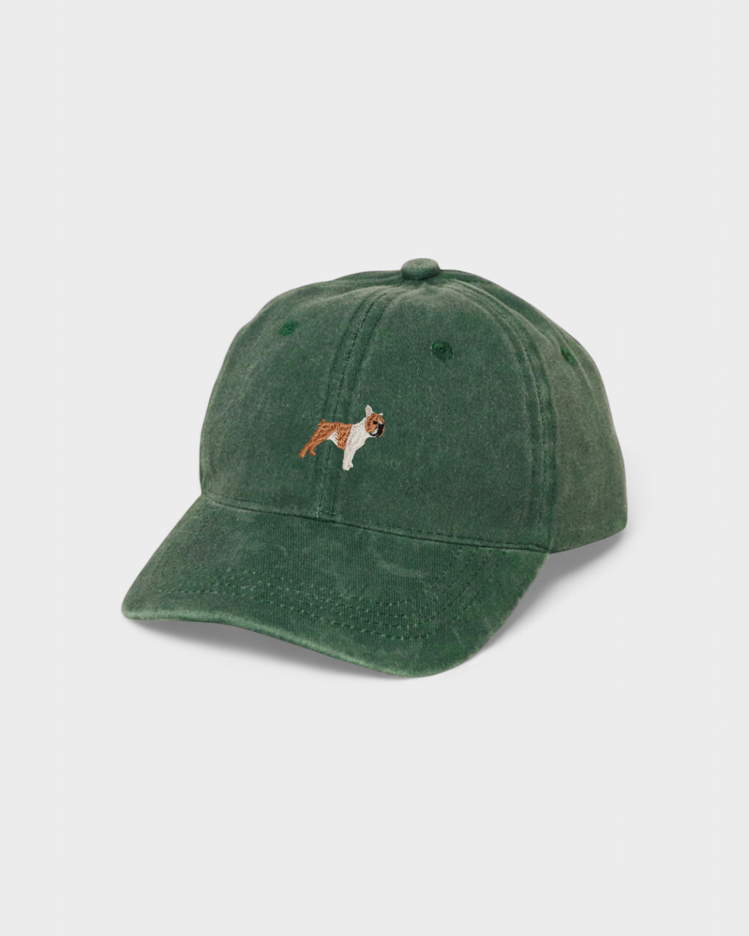 Green baseball cap with embroidered English Bulldog and personalized embroidery option on back