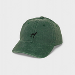 Green washed cotton baseball cap with embroidered black Greyhound/Whippet design on front and personalized embroidery on back