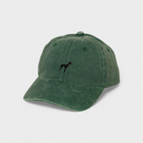 Green washed cotton baseball cap with embroidered black Greyhound/Whippet design on front and personalized embroidery on back