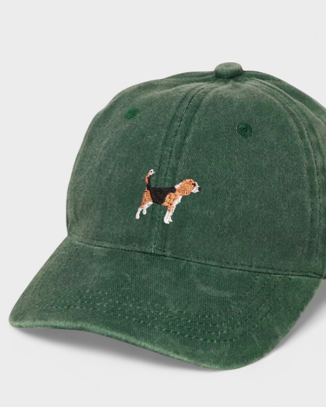 Green Beagle Personalised Hat with embroidered Beagle design and customisable back embroidery in cotton baseball style