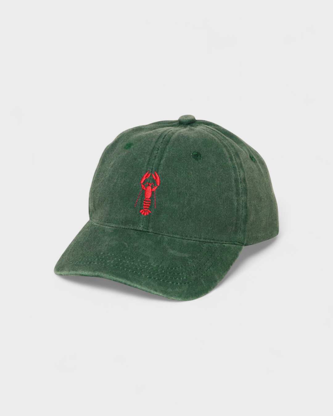 Green lobster personalised hat with front lobster embroidery and customisable back.