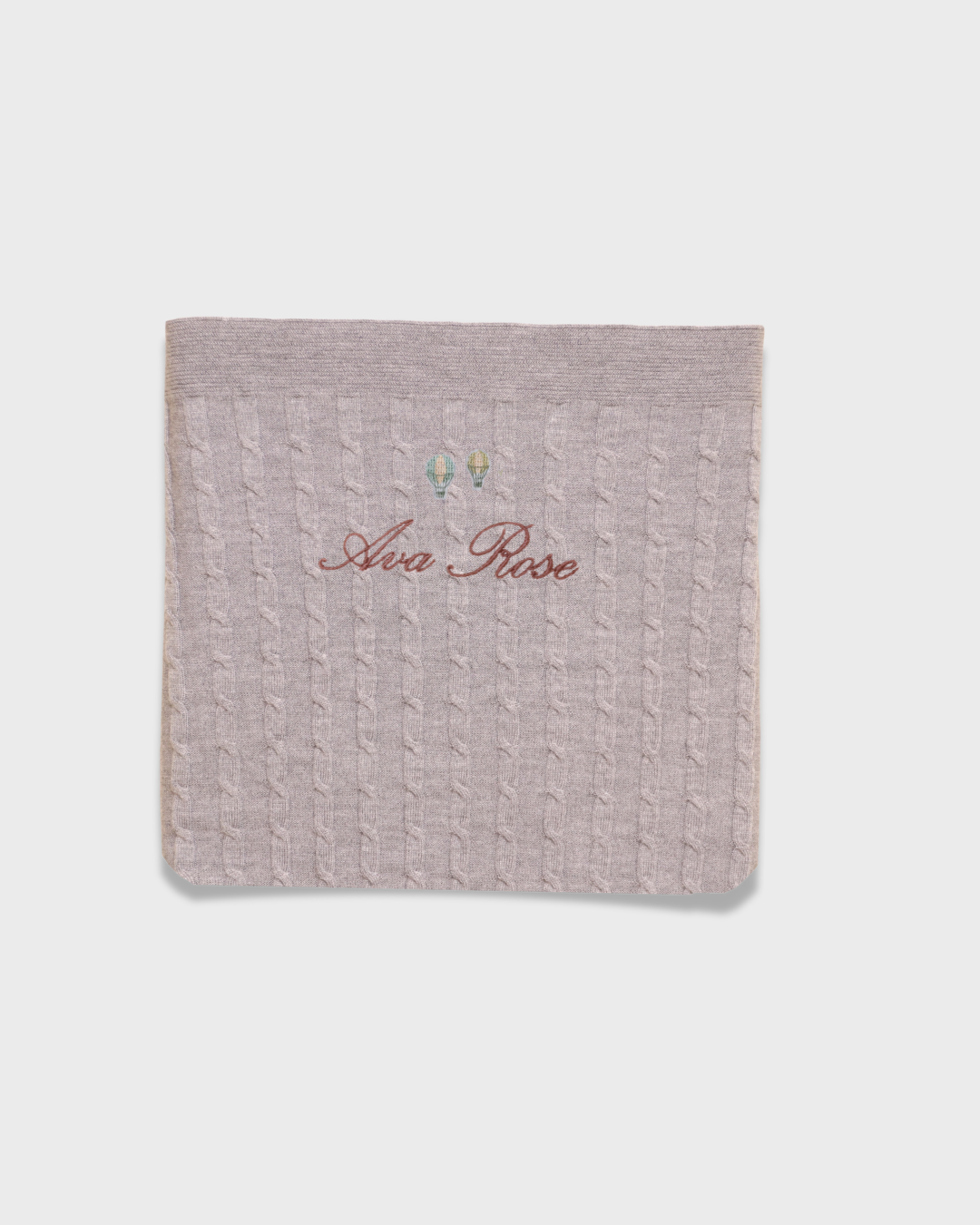 Soft merino baby blanket with embroidered balloons and personalized name Ava Rose