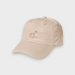 Beige Greyhound/Whippet personalised baseball hat with embroidered dog design on front, made of 100% washed cotton.