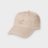 Beige Greyhound/Whippet personalised baseball hat with embroidered dog design on front, made of 100% washed cotton.