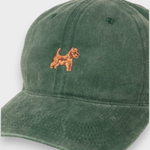 Australian Terrier personalised hat with embroidered dog design on green cotton fabric.