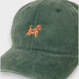Australian Terrier personalised hat with embroidered dog design on green cotton fabric.