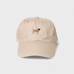 Pug Personalised Hat with hand-drawn pug embroidery, front view.