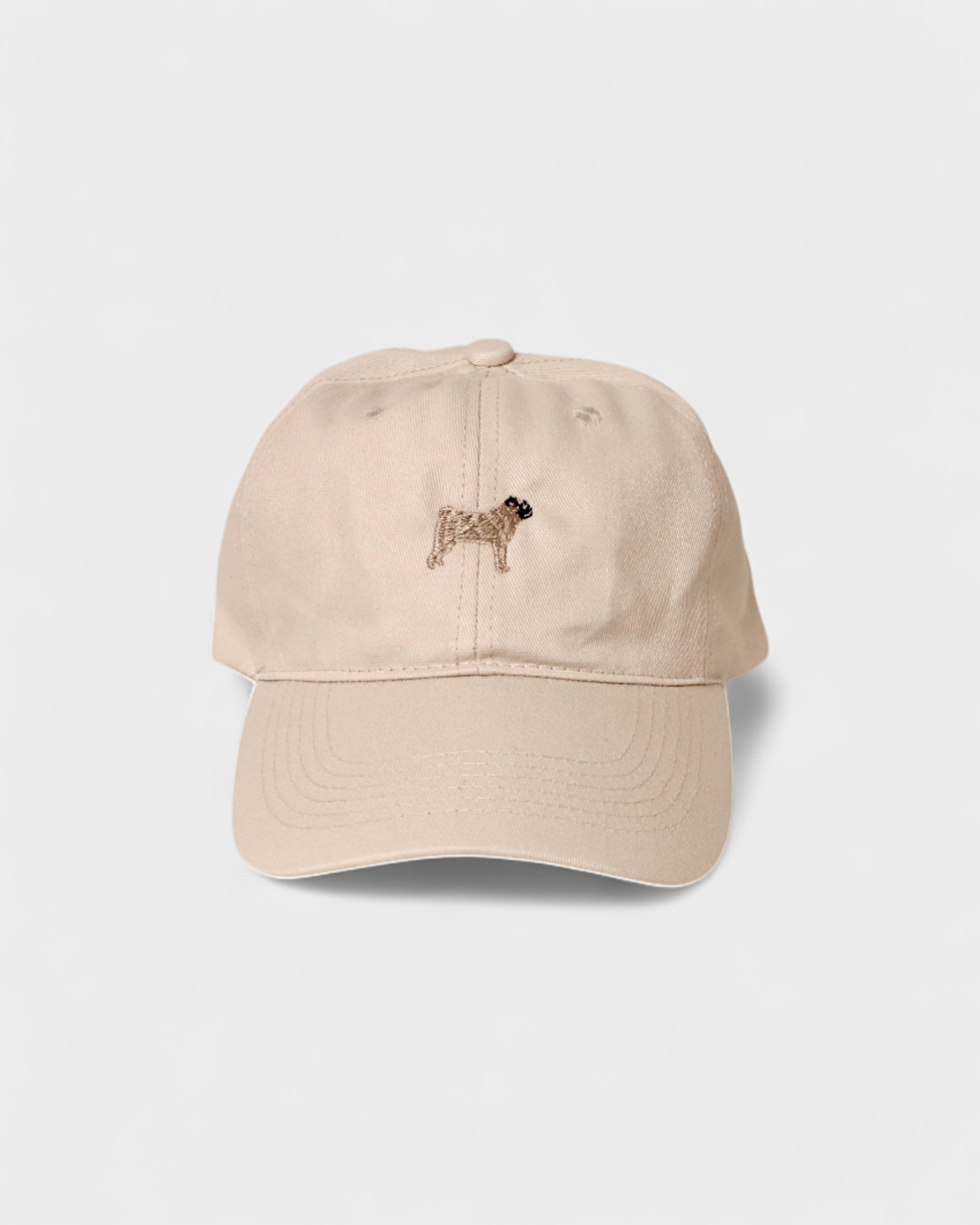 Pug Personalised Hat with hand-drawn pug embroidery, front view.