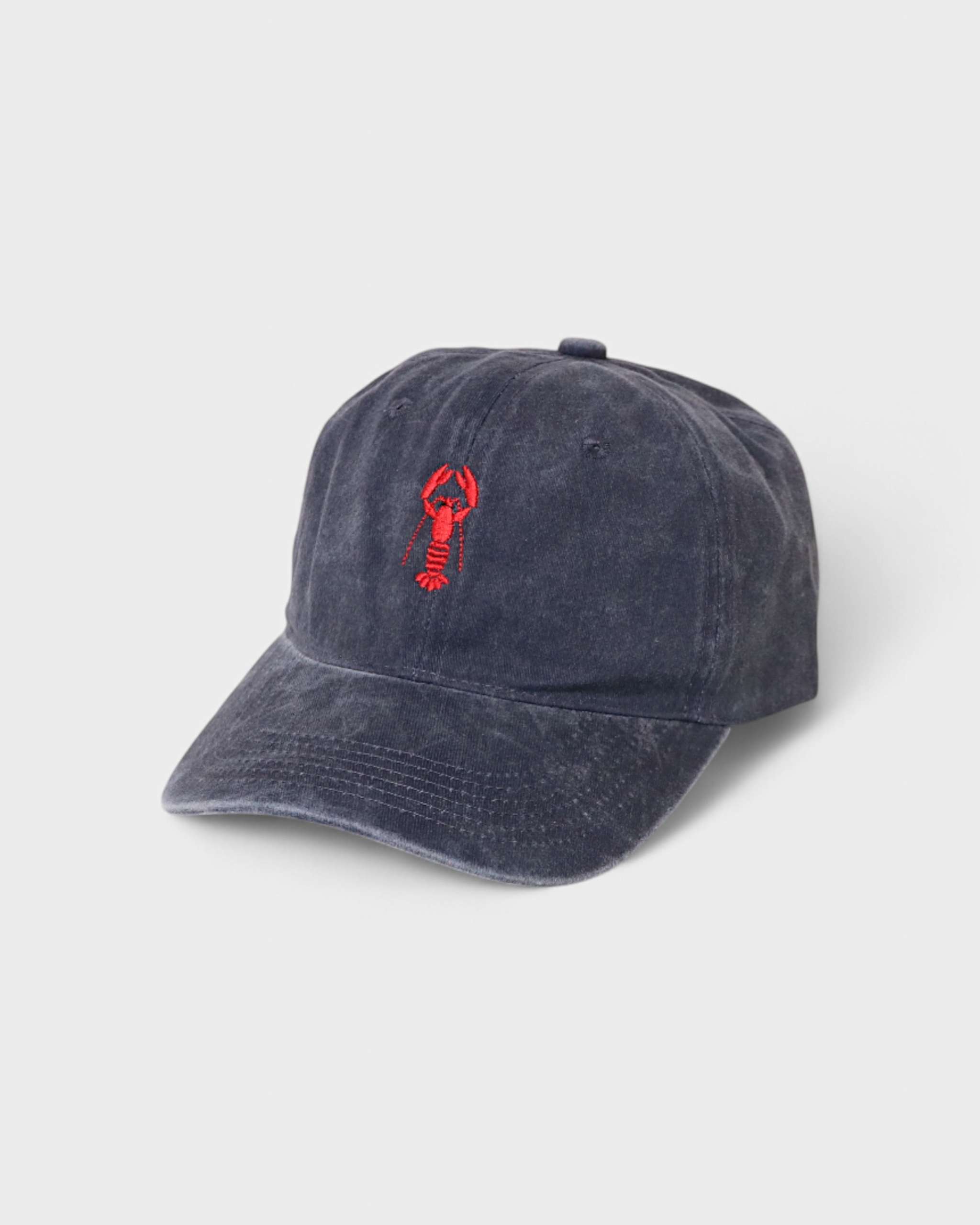 Personalised hat with lobster embroidery and custom name option, 100% washed cotton.
