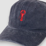 Navy blue baseball cap with red lobster embroidery on front, personalised hat design.