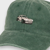 Green Porsche personalised hat with Porsche 930 embroidery on front, made of 100% washed cotton.