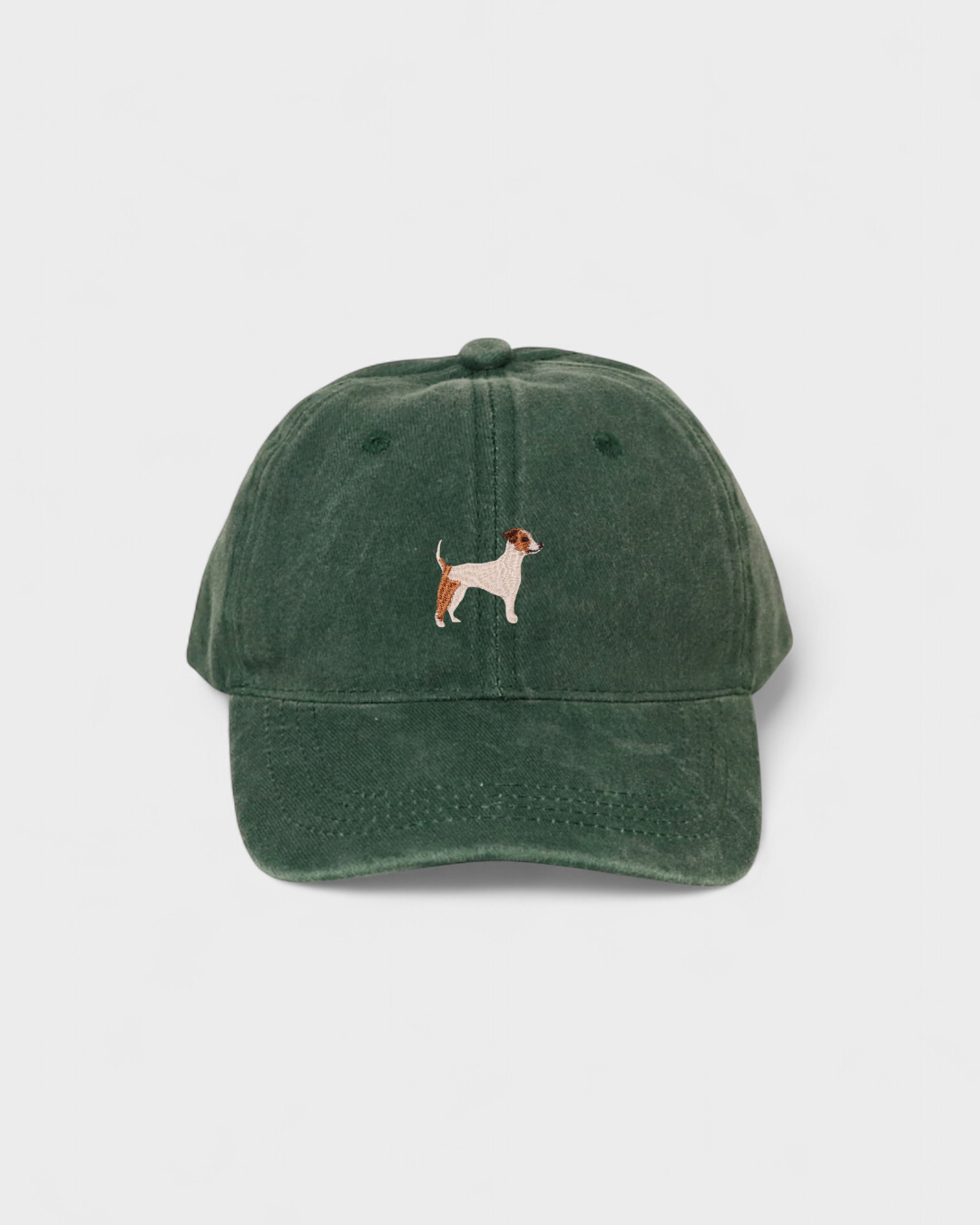 Jack Russell Personalised Hat with embroidered dog design, made of 100% washed cotton.