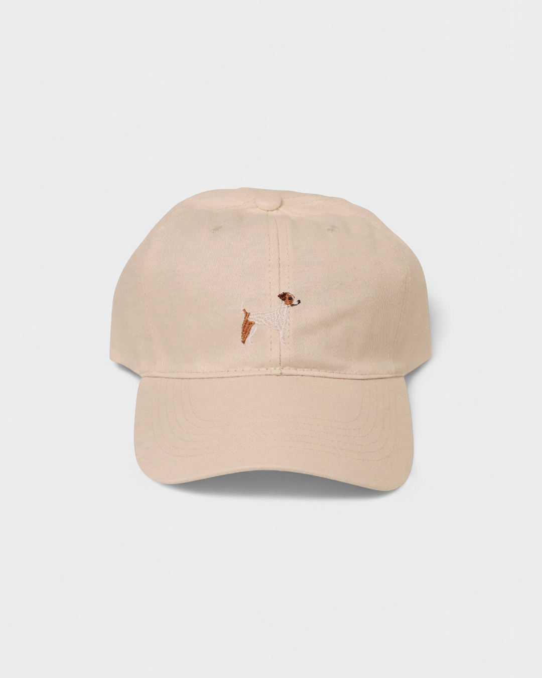 Jack Russell Personalised Hat with embroidered Jack Russell Terrier design on beige cotton.