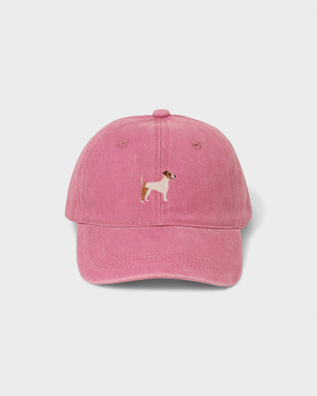 Jack Russell Personalised Hat with embroidered Jack Russell Terrier design in pink baseball cap.