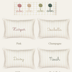 Botanical Linen Cushion with removable gingham cover, personalised embroidery options in pink, champagne, willow, and dark teal colors