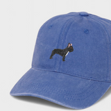 Blue baseball hat with embroidered hand-drawn French Bulldog design, personalized embroidery option, 100% washed cotton.