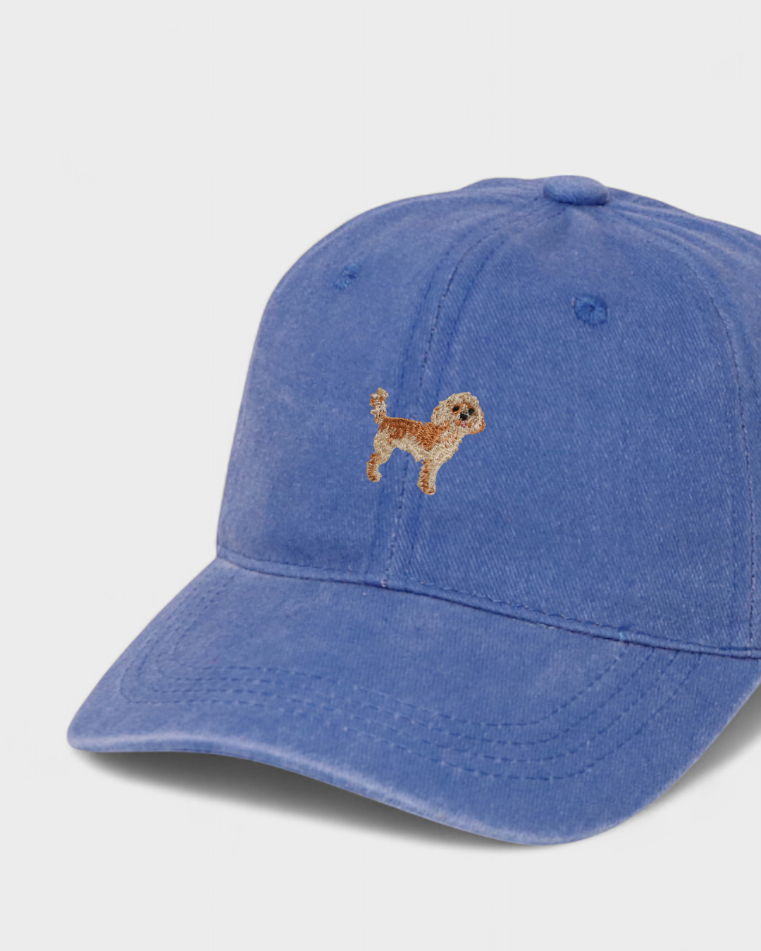 Blue Cavoodle personalised hat with embroidered dog design on front, made of 100% washed cotton baseball cap