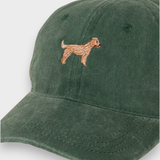 Green baseball cap with embroidered Goldendoodle dog design on the front, personalised hat made of 100% washed cotton.
