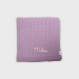Soft purple Merino Baby Blanket with personalized embroidery and cable knit pattern