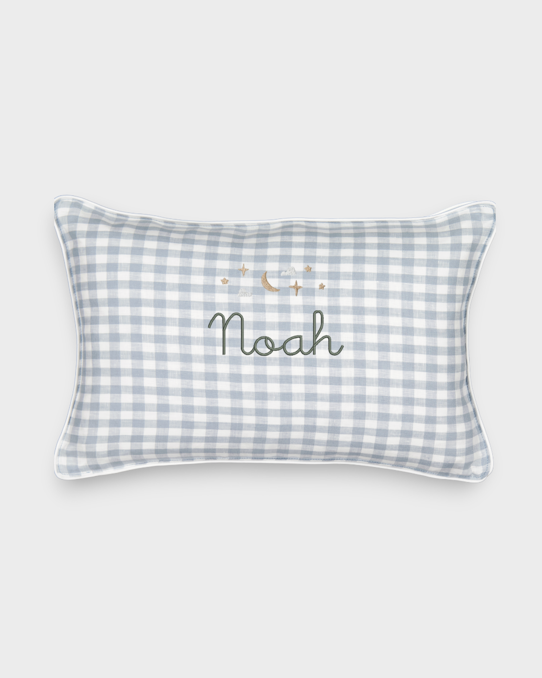 Moon and Stars Cushion with embroidered moon and stars design, personalized name, blue and white checked fabric, white piping, removable cover and soft insert