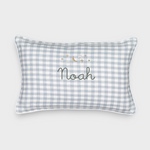 Moon and Stars Cushion with embroidered moon and stars design, personalized name, blue and white checked fabric, white piping, removable cover and soft insert
