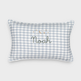 Moon and Stars Cushion with embroidered moon and stars design, personalized name, blue and white checked fabric, white piping, removable cover and soft insert