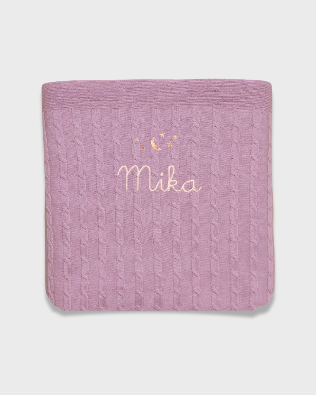 Merino baby blanket with moon and stars design, personalized embroidery.
