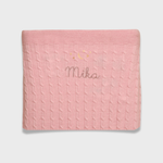 Merino baby blanket with moon and stars design, pink with personalized embroidery.