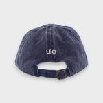 Personalised denim baseball hat with "LEO" embroidery on the back, 100% washed cotton.