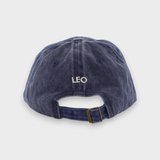 Personalised denim baseball hat with "LEO" embroidery on the back, 100% washed cotton.