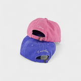 Dalmatian personalised hat in blue and pink with custom embroidery options.