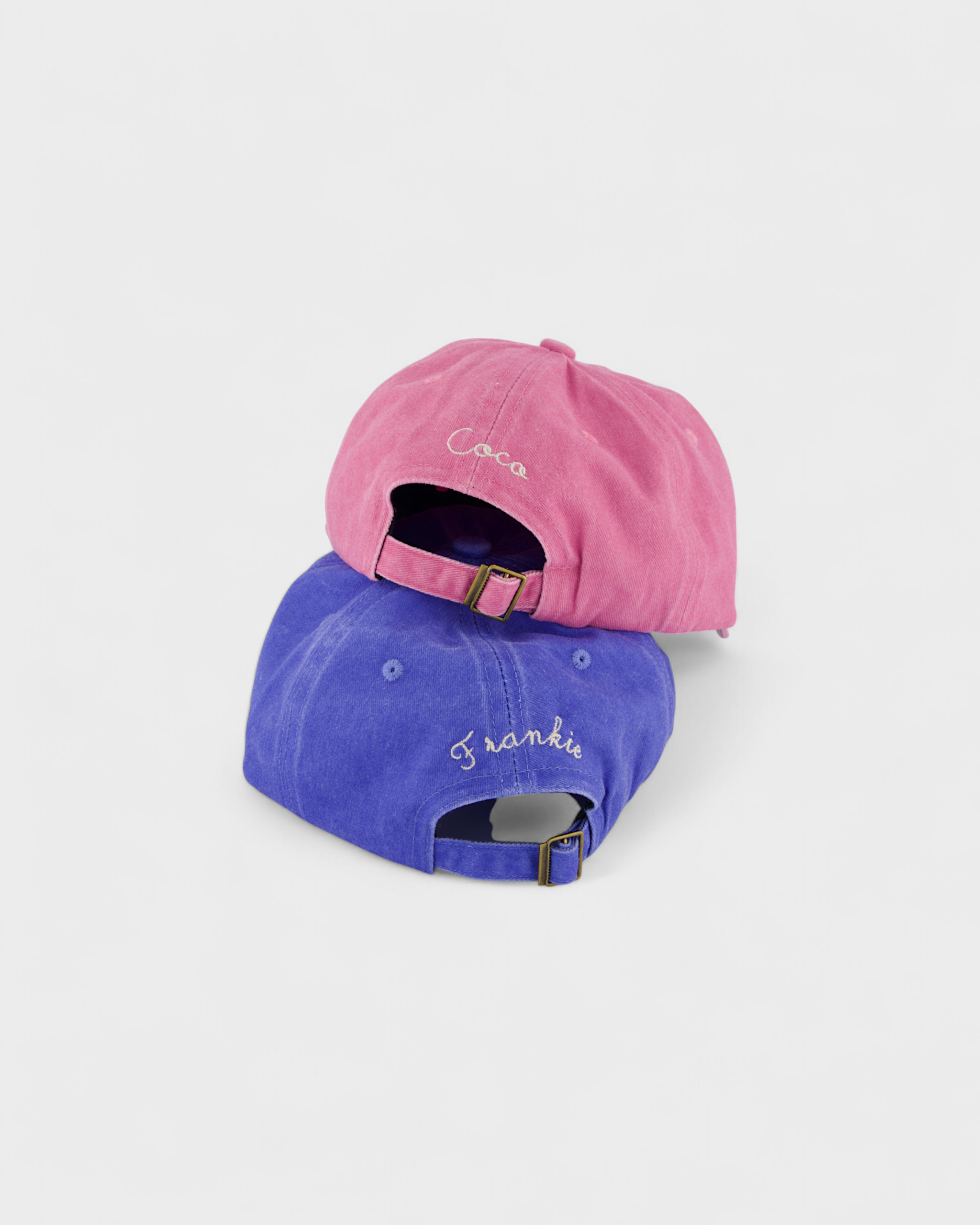 Dalmatian personalised hat in blue and pink with custom embroidery options.