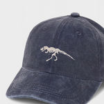 T-Rex embroidered personalised hat in washed cotton baseball style.