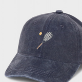 Personalised hat with tennis racket and ball embroidery, 100% washed cotton, Auckland design.